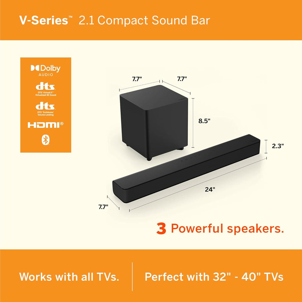 24-inch 1080p Smart TV and 2.1 Channel Sound Bar with Wireless Subwoofer Home Theater System W374
