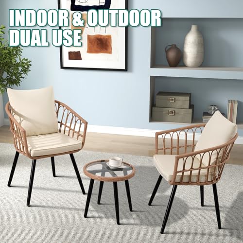Beige 3 Piece Outdoor Wicker Bistro Set with Cushions A7498