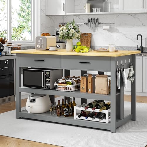 Solid Rubberwood Kitchen Island with Power Outlets, 2 Drawers & Open Shelves (Grey) J869