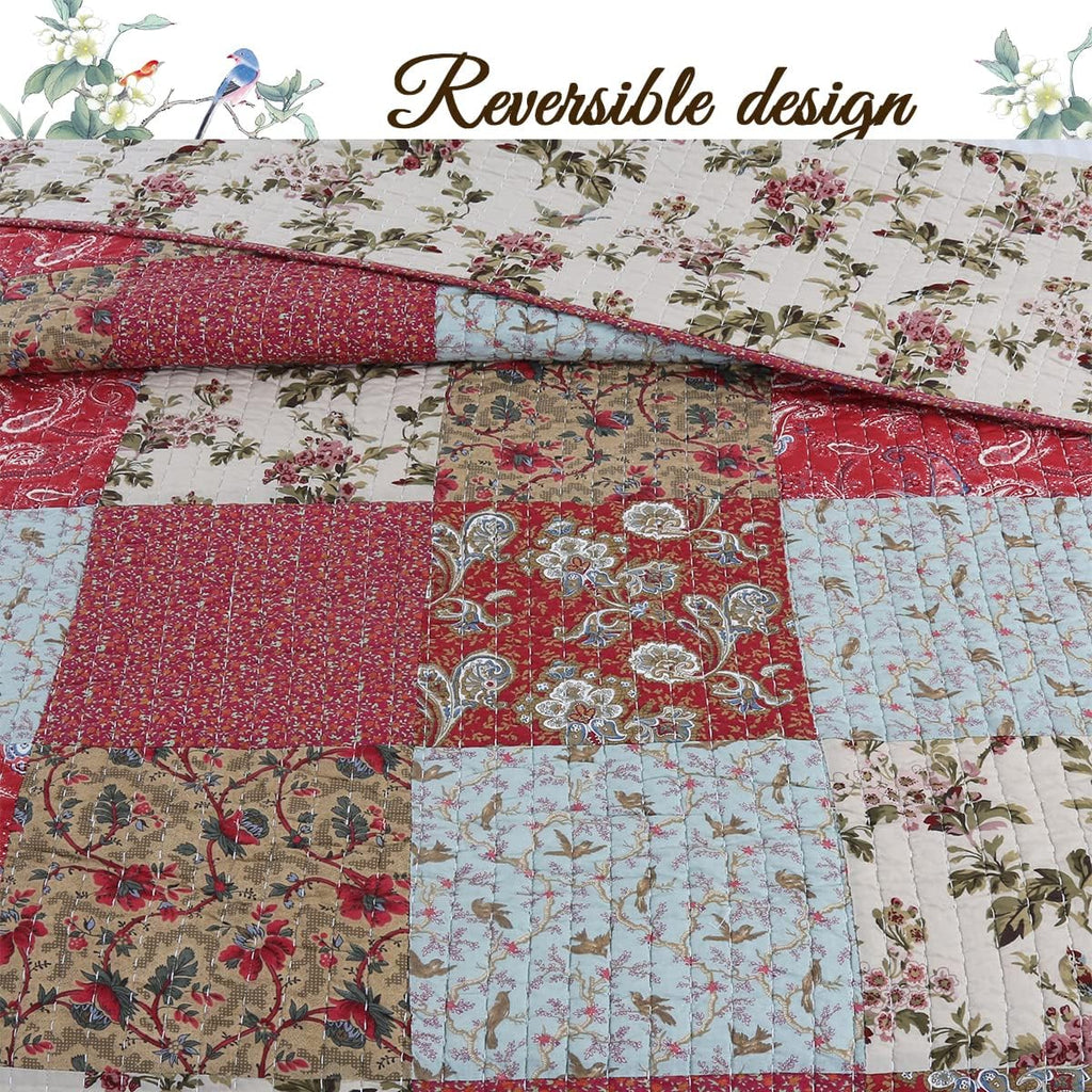 Red Teal Khaki Floral 100% Cotton Reversible Coverlet Bedspread Quilt Bedding Set (Queen - 3 Piece) M70903