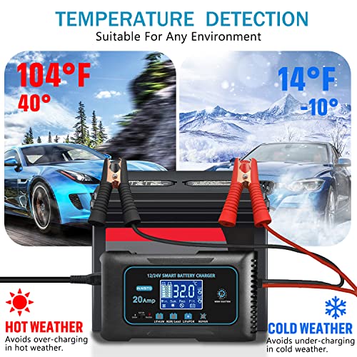 20 Amp Lithium Battery Charger, 12V and 24V Lifepo4, Lead-Acid Portable Car Battery Charger V704