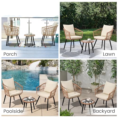Beige 3 Piece Outdoor Wicker Bistro Set with Cushions A7498