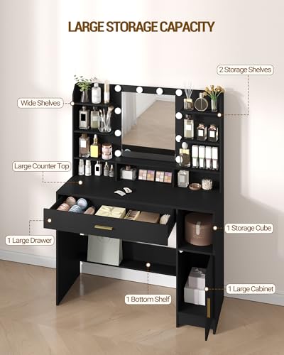 Black Vanity Desk with Mirror and 10 LED Lights T498