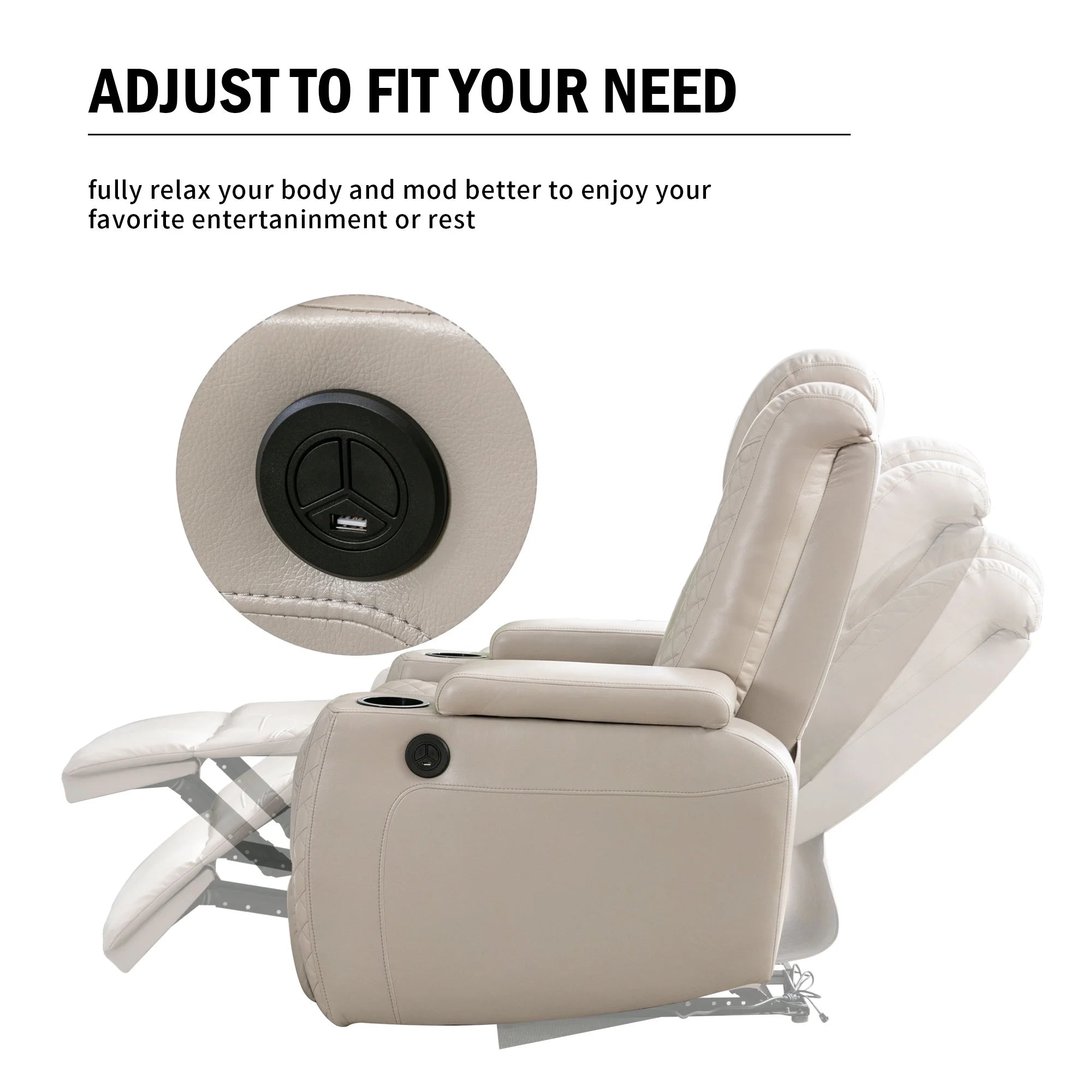 Power Recliner Chair with Cup Holders and Hidden Arm Storage Leather I358185