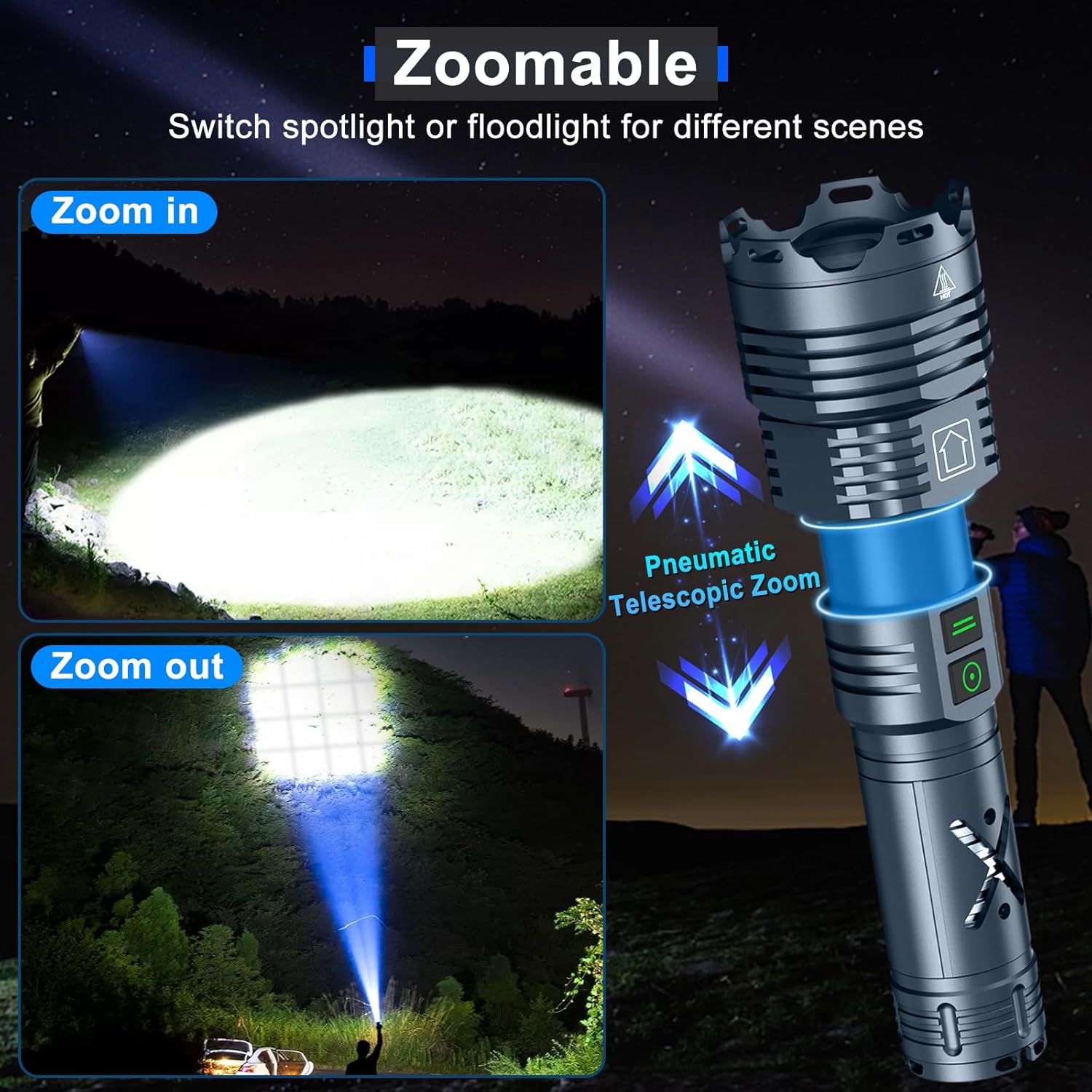 Rechargeable LED Tactical Flashlight, 2500000 Lumens, Waterproof, Zoomable N94153