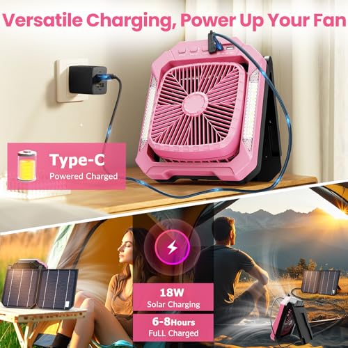 26800mAh Rechargeable Portable Fan with Detachable Solar Panel, LED Lantern, 3 Speed, Timer, USB-C, Green N70326