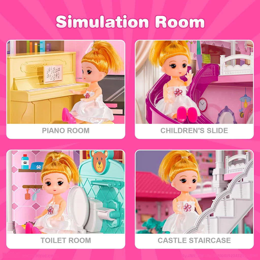 4 Stories 12 Rooms Dollhouse with 2 Princesses Slide Accessories L1679