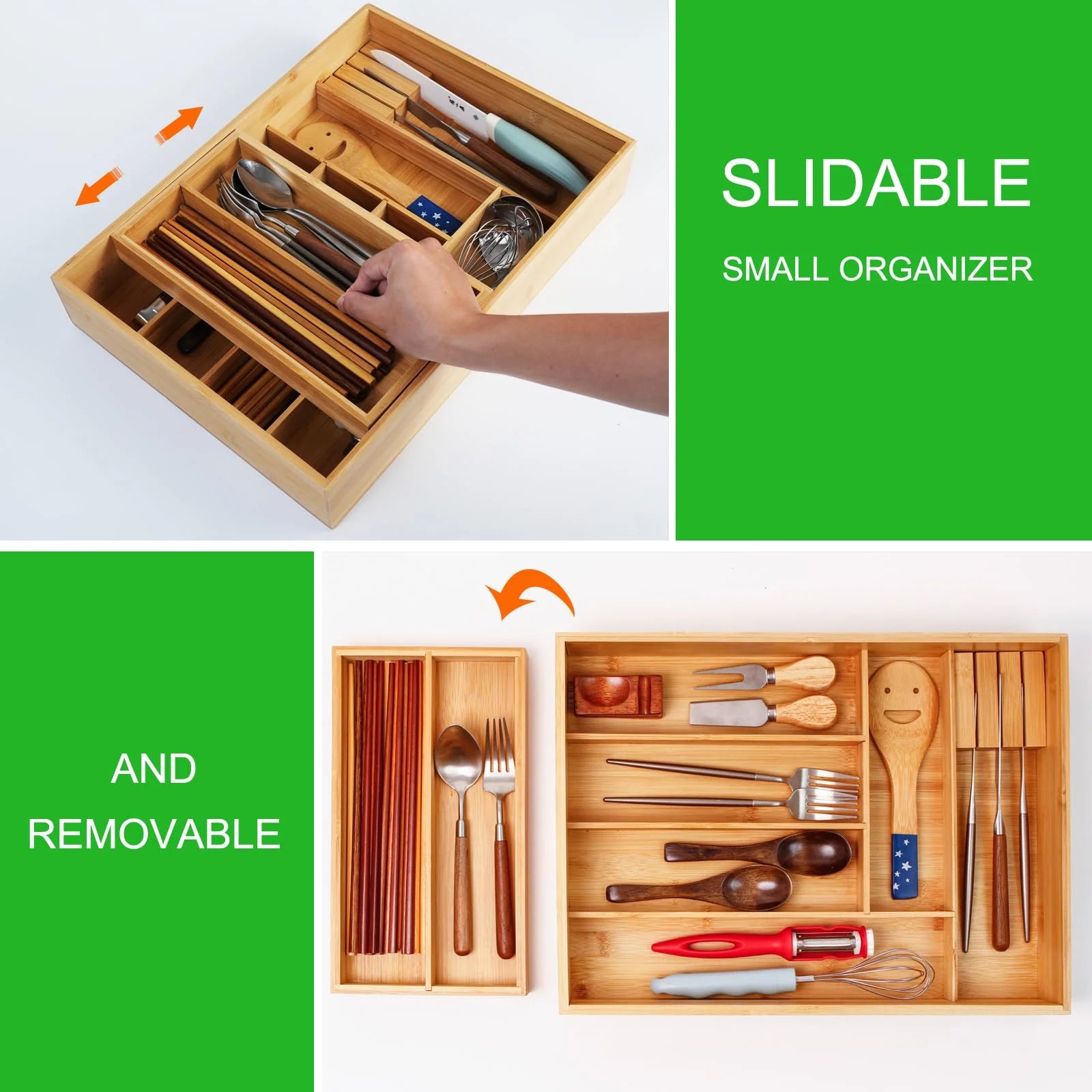 Bamboo Double Layer Kitchen Drawer Organizer with Sliding Tray, Removable Knife Block, Utensil Silverware Cutlery Storage Box, Brown F853