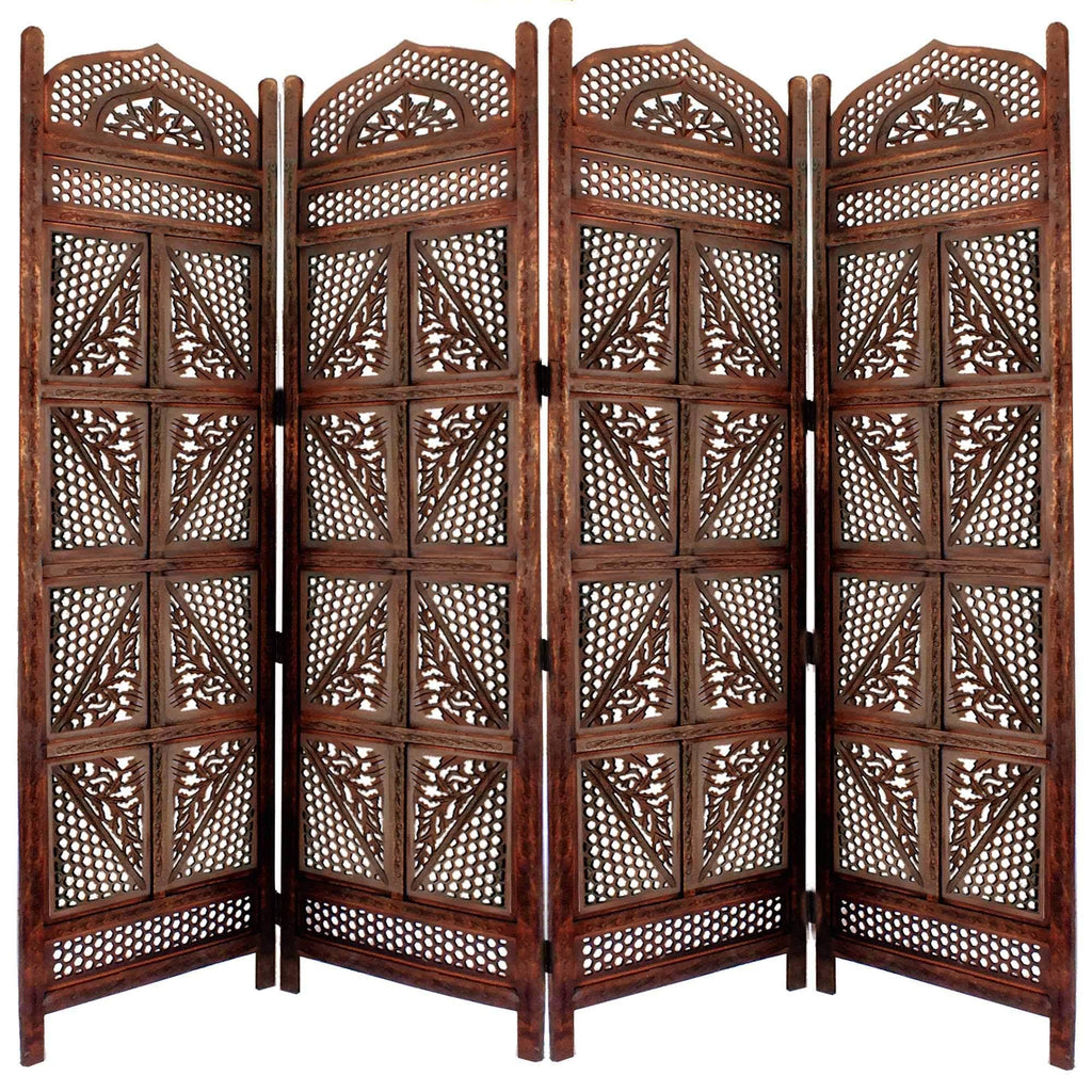 Antique Brown Four Panel Wooden Room Divider R6618