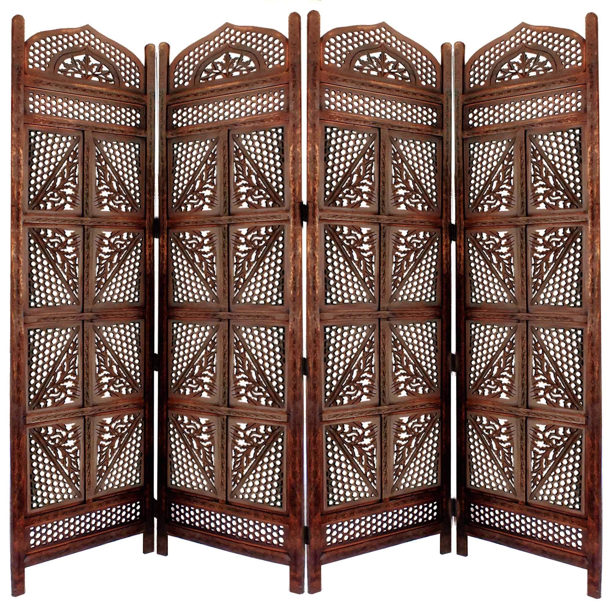 Antique Brown Four Panel Wooden Room Divider R6618