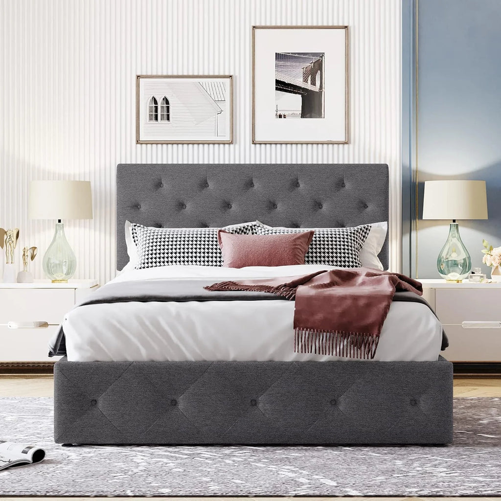 Grey Full Size Upholstered Platform Bed With Storage Y63468