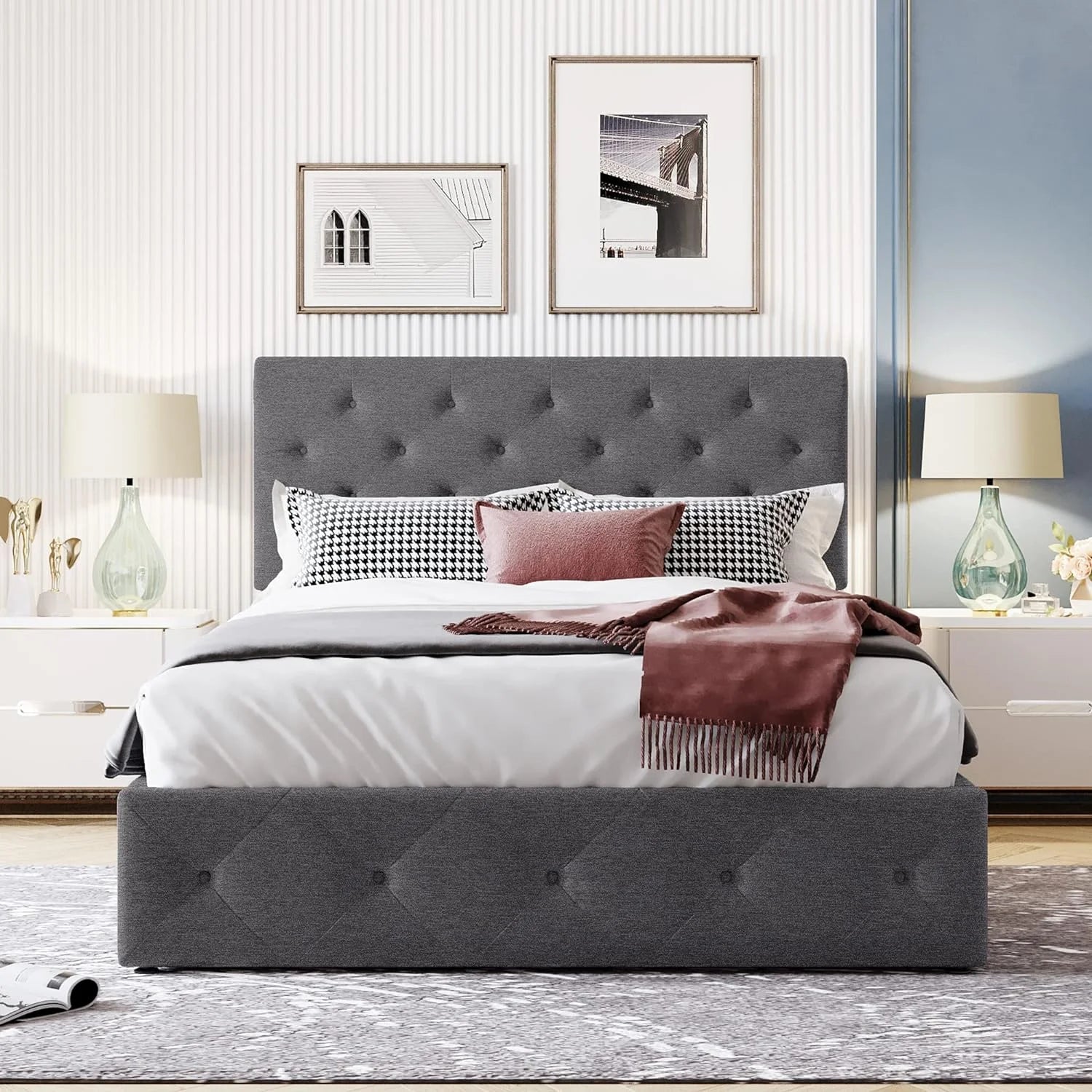 Grey Full Size Upholstered Platform Bed With Storage Y63468