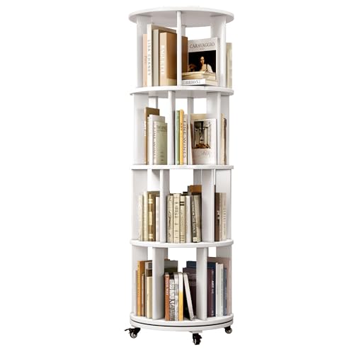 Walnut Solid Wood Rotating Bookshelf with Swivel Wheels O37649