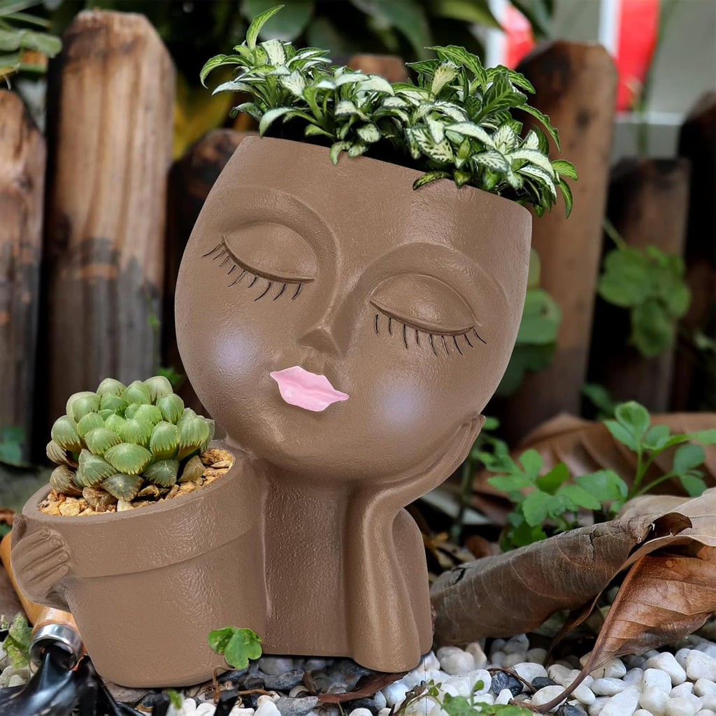 Brown Resin Face Planter Pot with Drainage Hole S799