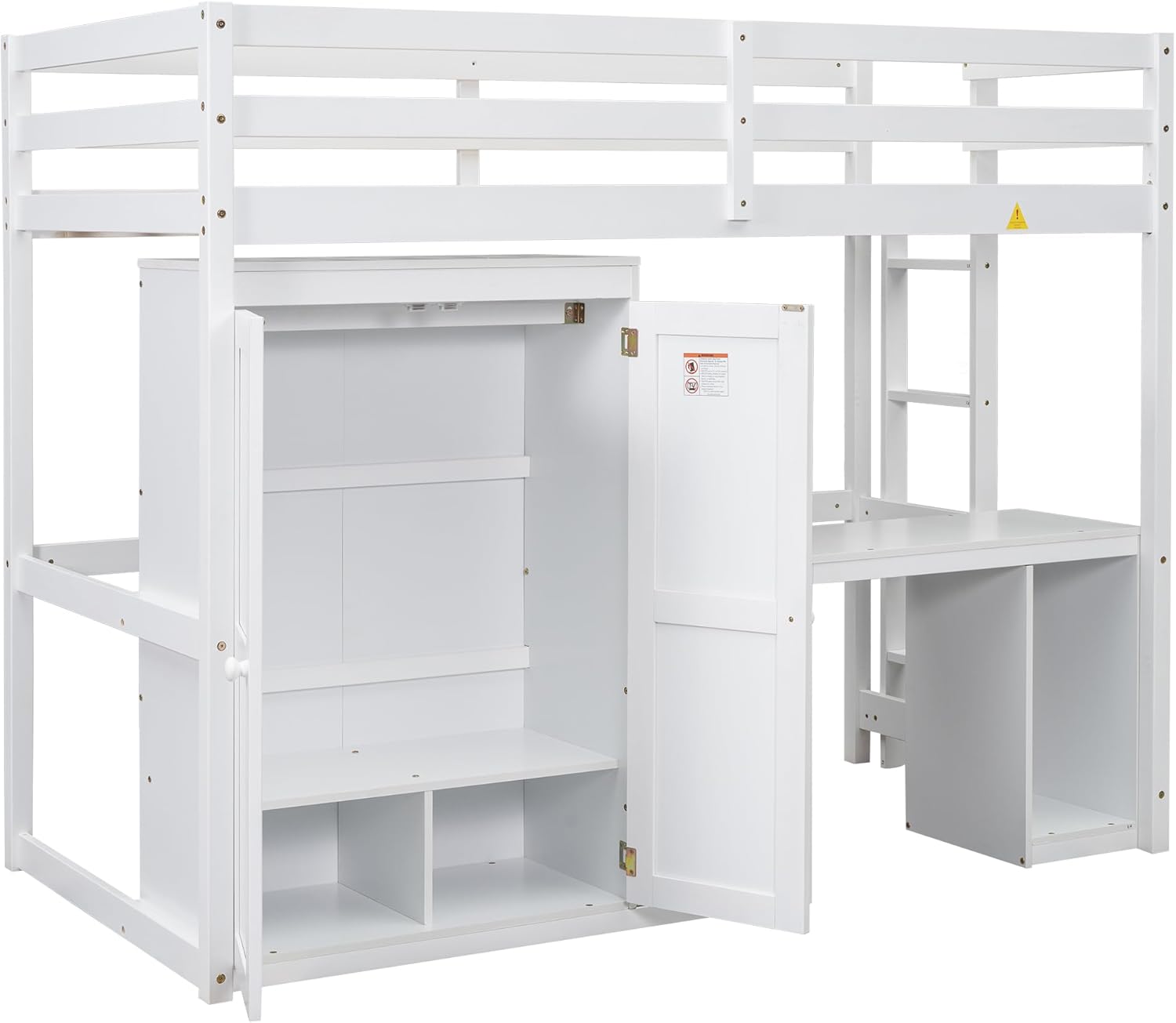 White Twin Wood Loft Bed with Wardrobe Desk and Storage Drawers F87343