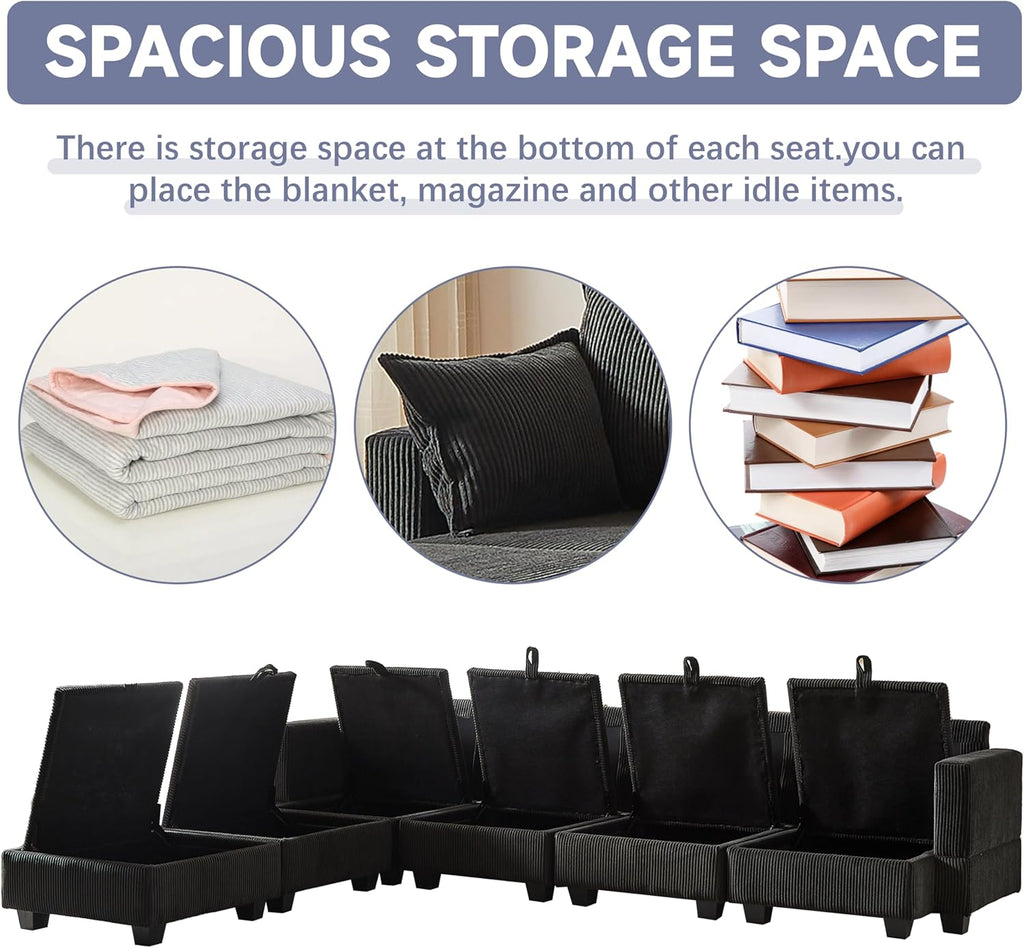 Black Corduroy Modular Sectional Sofa with Storage Y732