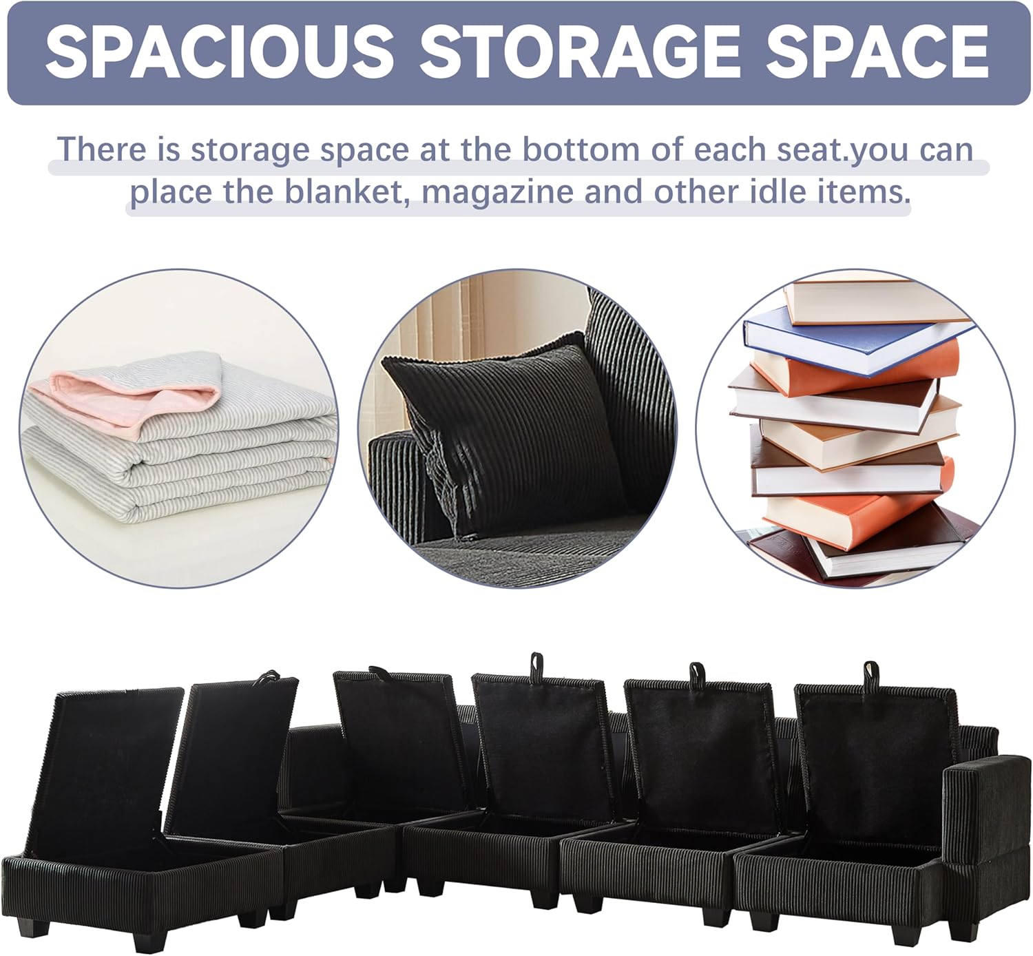 Black Corduroy Modular Sectional Sofa with Storage Y732