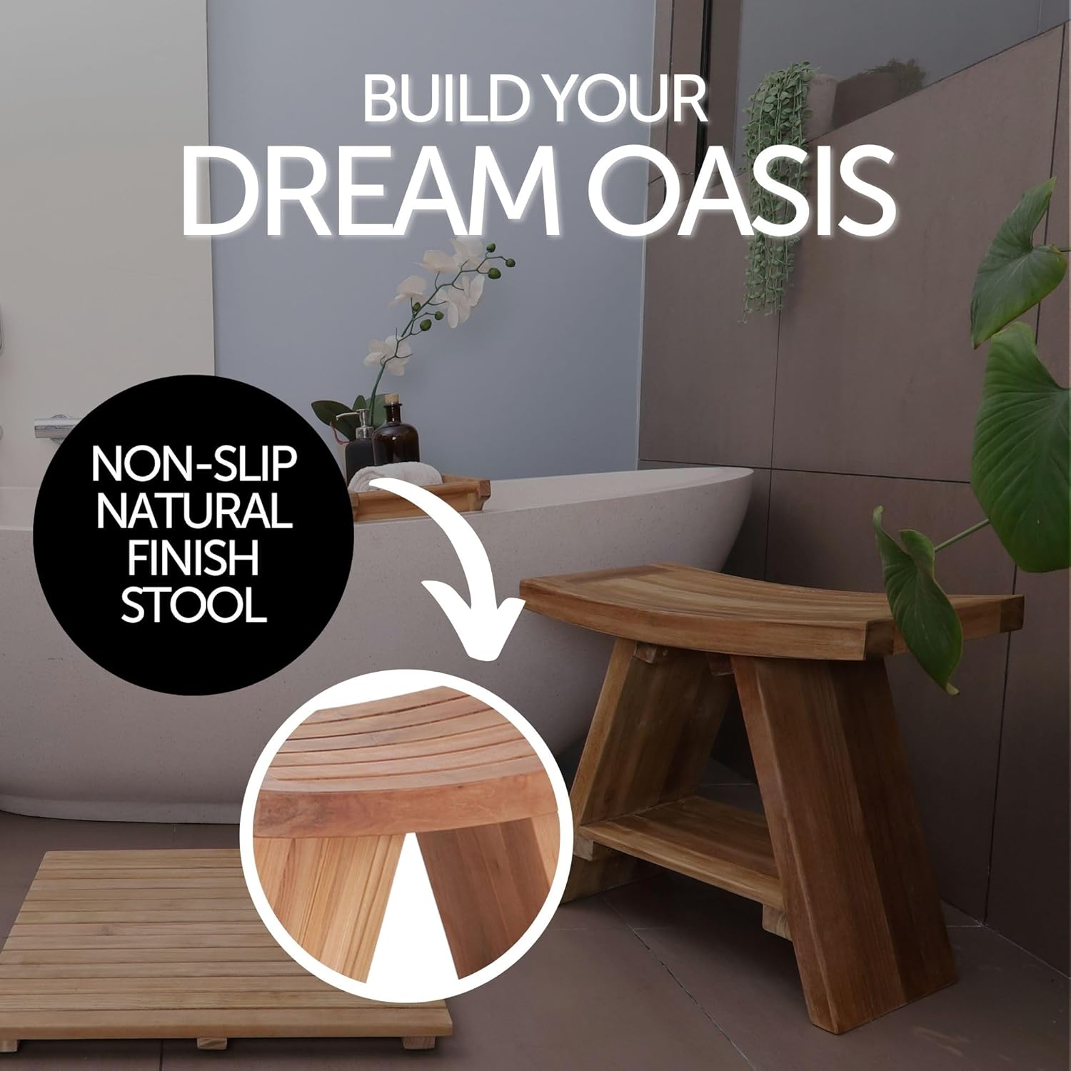 Teak Wood Shower Bench 17.7" Natural Finish Curved Seat R360874