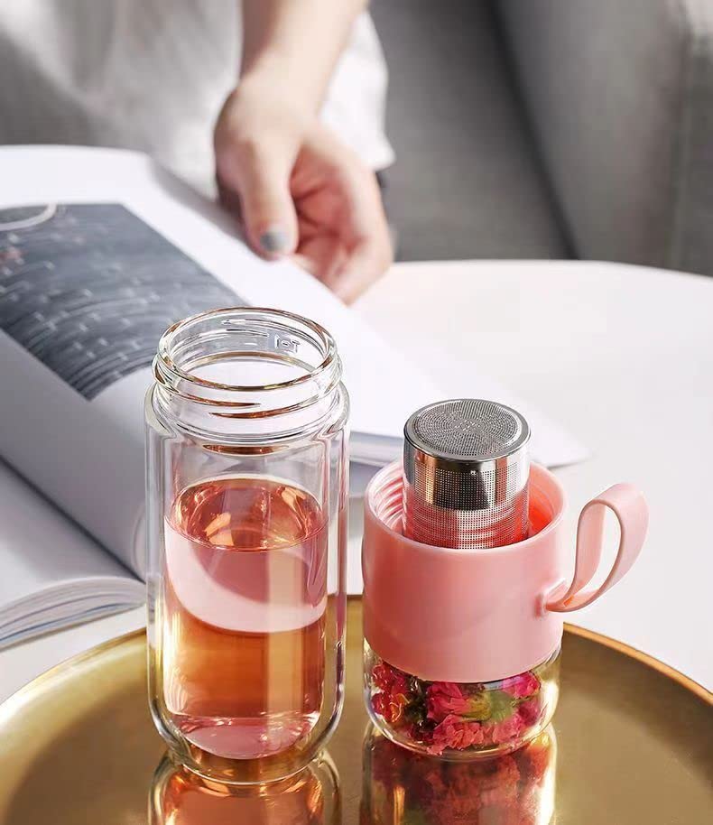 Blue Double Wall Glass Tea Bottle with Infuser 14oz O4394