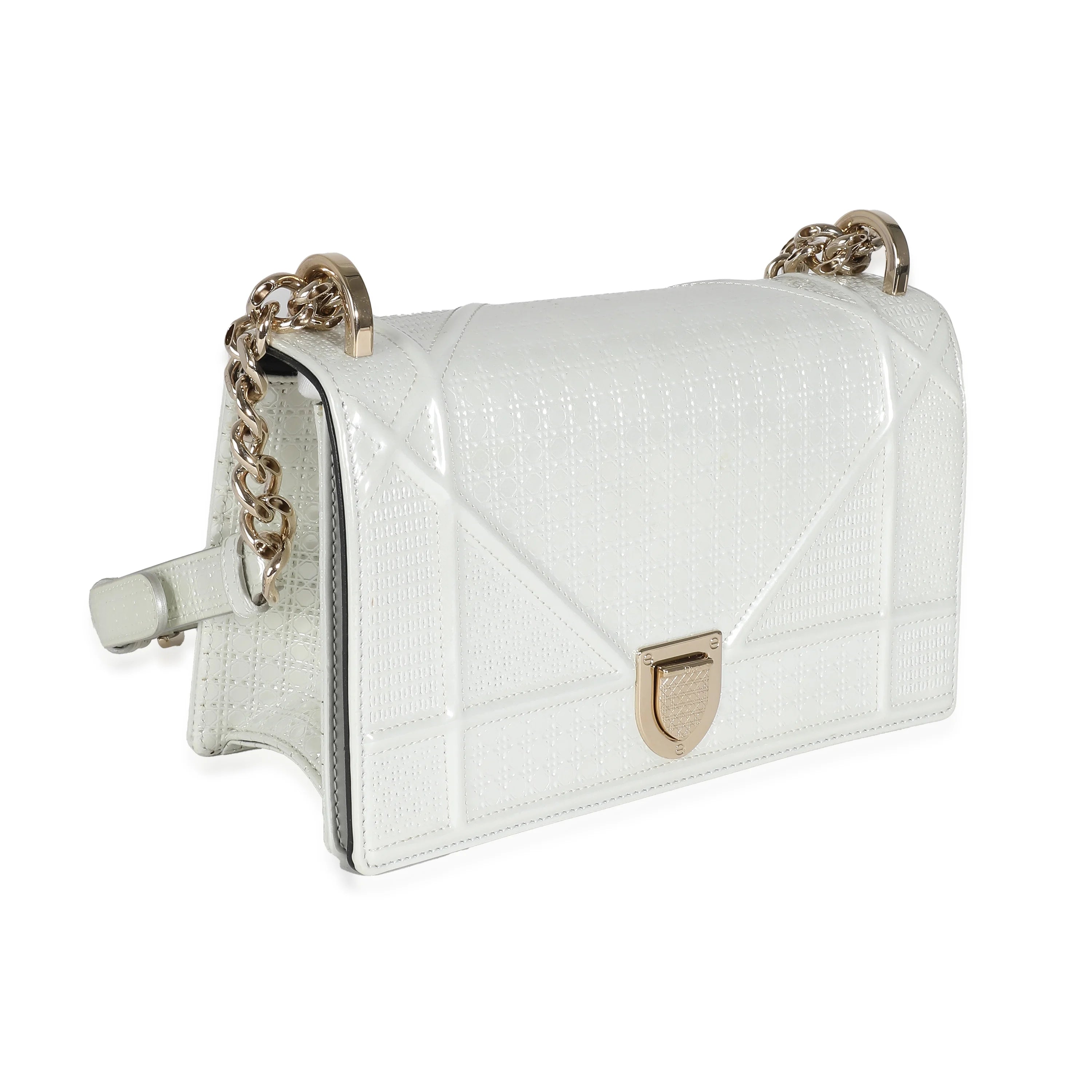 White Micro Cannage Patent Small Flap Bag V5602