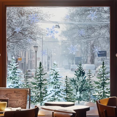 9 Sheet Christmas Window Clings Snowy Forest Trees Double-Sided Reusable Winter Window Decals D829822