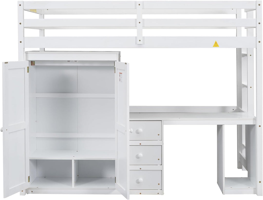 White Twin Wood Loft Bed with Wardrobe Desk and Storage Drawers F87343