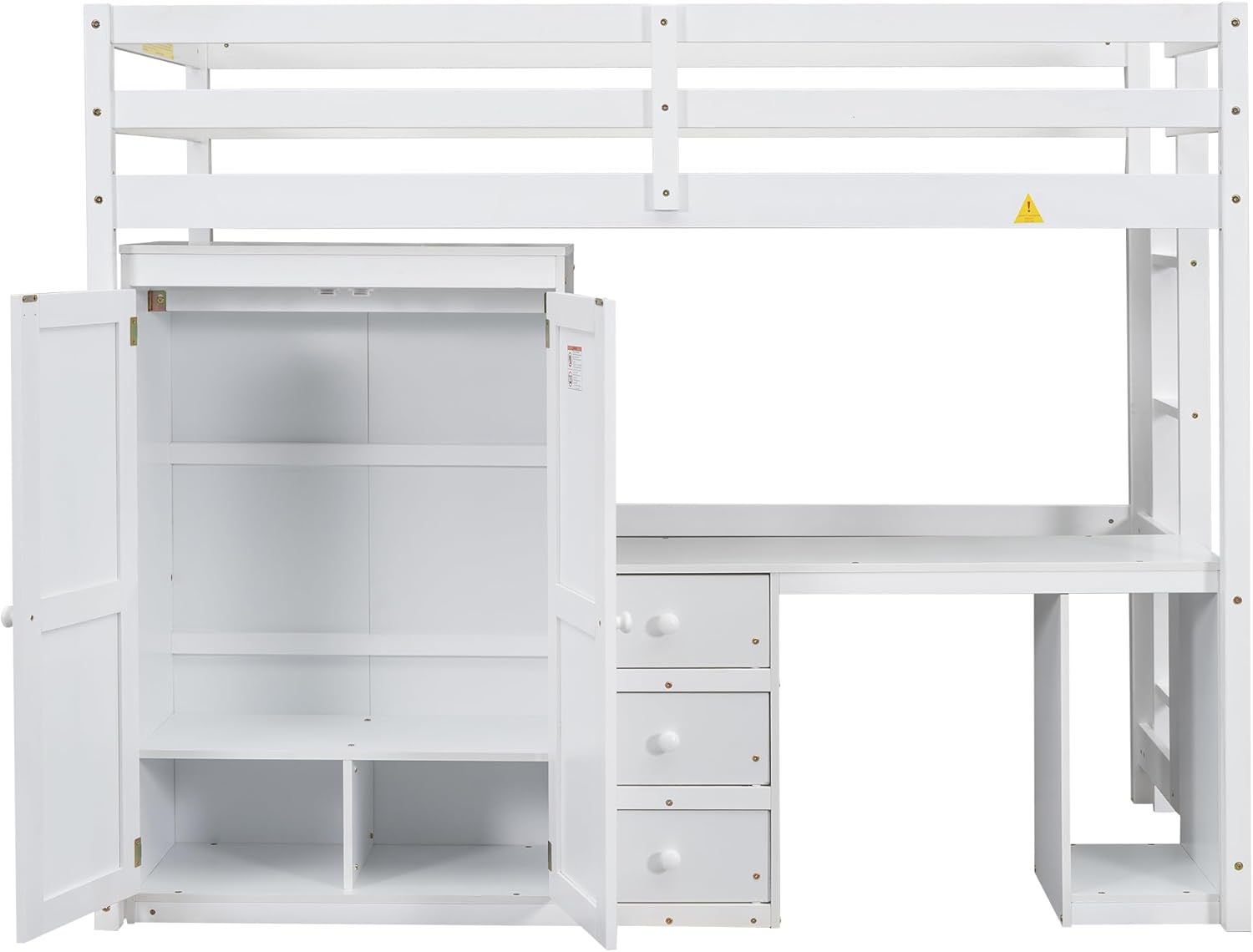 White Twin Wood Loft Bed with Wardrobe Desk and Storage Drawers F87343