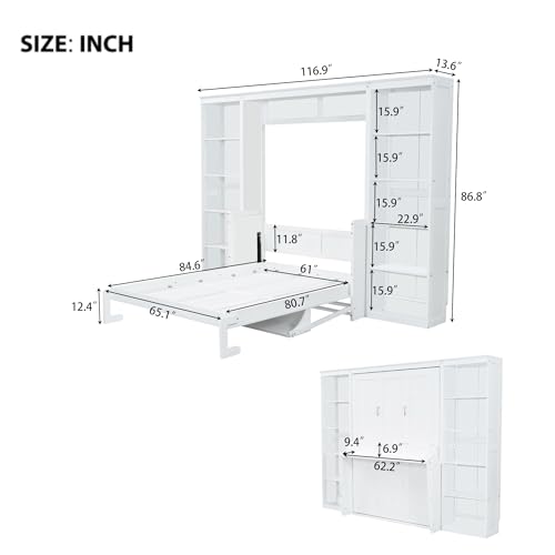 White Full Size Solid Murphy Bed with Desk and Shelves R582381