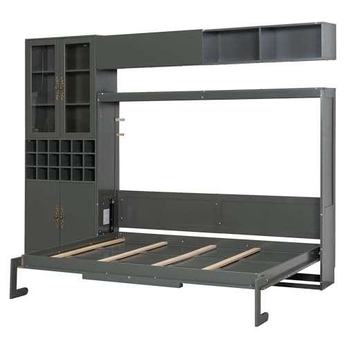 Grey Queen Size Murphy Bed with Sofa and Shelves A256126