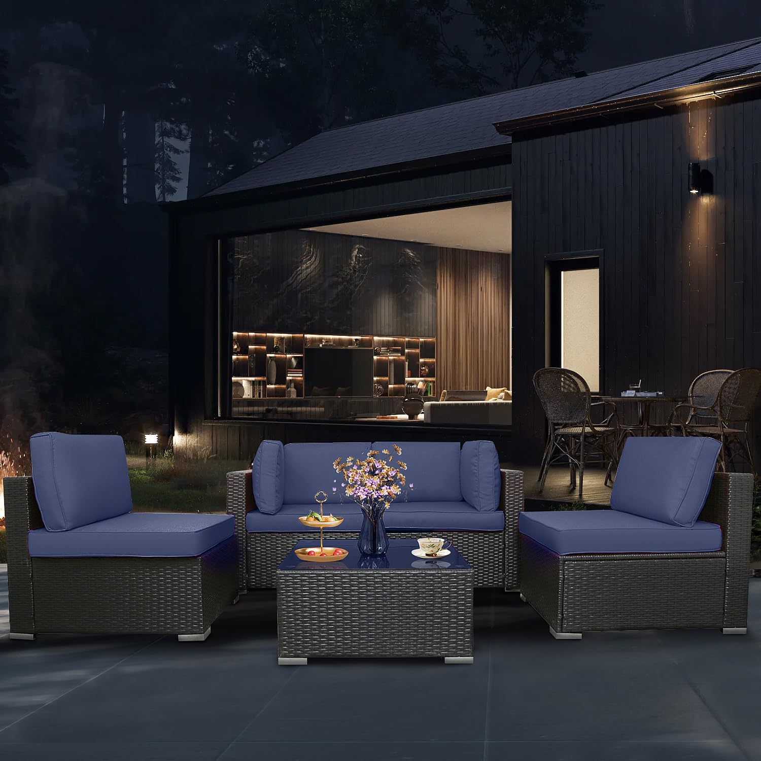 5 Piece Outdoor Rattan Sofa Set with Cushions and Tempered Glass Tea Table Y5296
