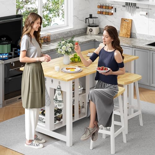Solid Rubberwood Kitchen Island with Power Outlets, 2 Drawers & Open Shelves (Grey) J869