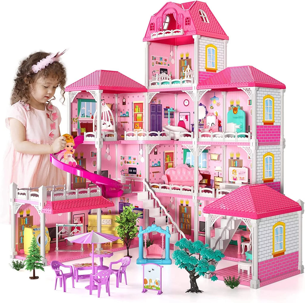 4 Stories 12 Rooms Dollhouse with 2 Princesses Slide Accessories L1679