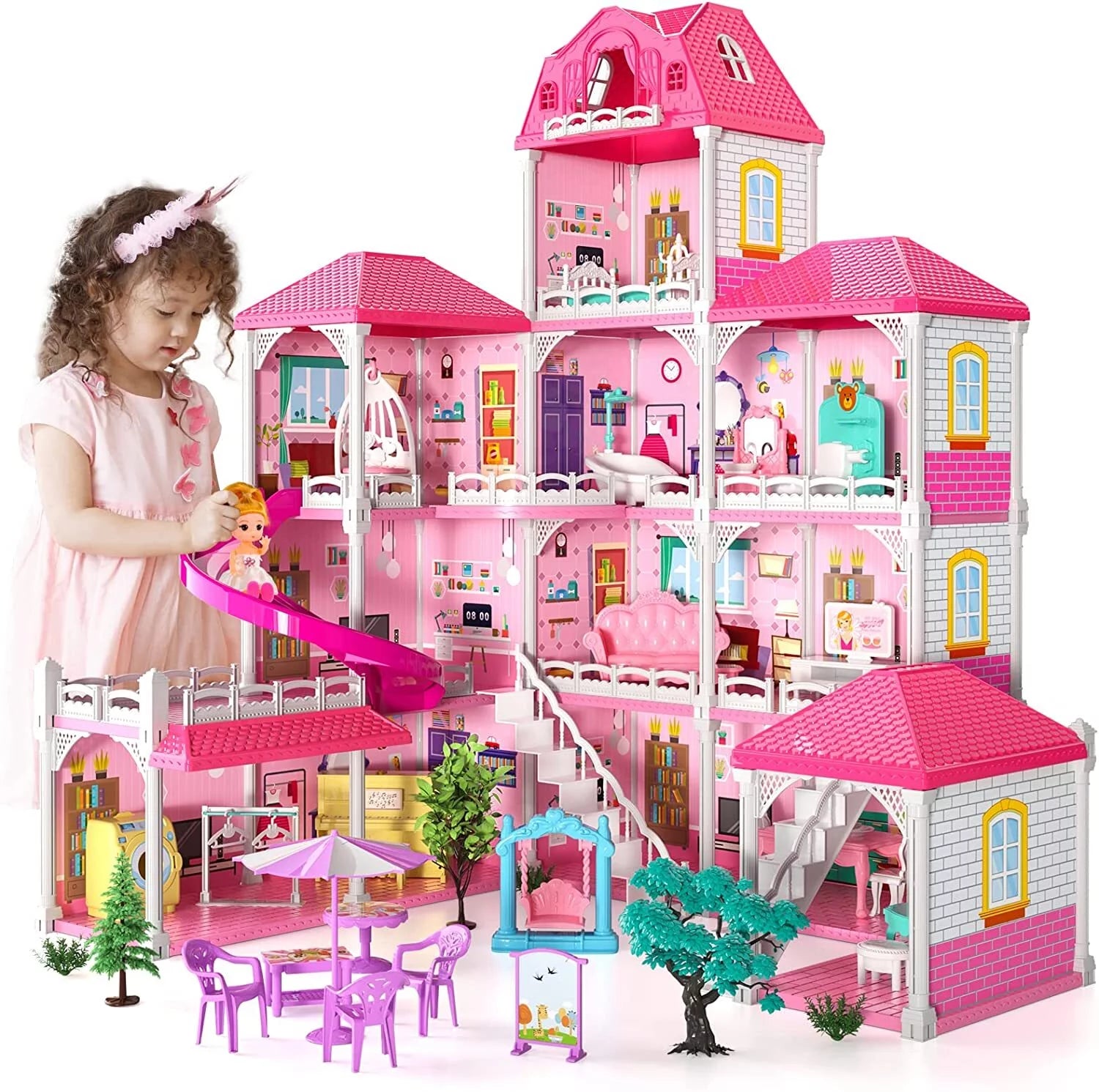 4 Stories 12 Rooms Dollhouse with 2 Princesses Slide Accessories L1679