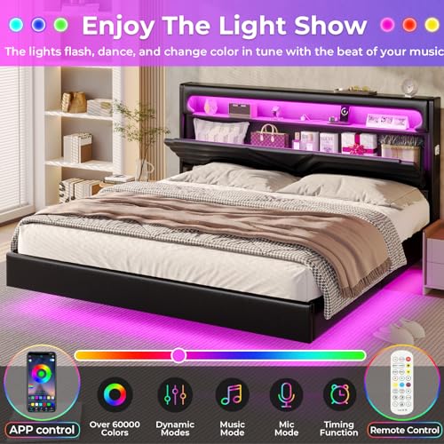 Dark Gray Queen Upholstered Platform Bed with LED Lights and Storage Headboard O377
