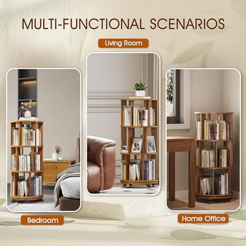 Walnut Solid Wood Rotating Bookshelf with Swivel Wheels O37649