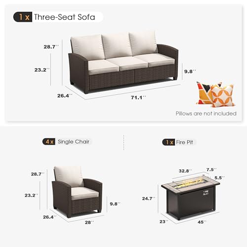 6 Pieces Patio Furniture Set with Firepit Table, Wicker Conversation Set with 3-seat Sofa, 4 Single Wicker Sofas and Metal Top Fire Pit Table H8707