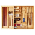 Bamboo Double Layer Kitchen Drawer Organizer with Sliding Tray, Removable Knife Block, Utensil Silverware Cutlery Storage Box, Brown F853