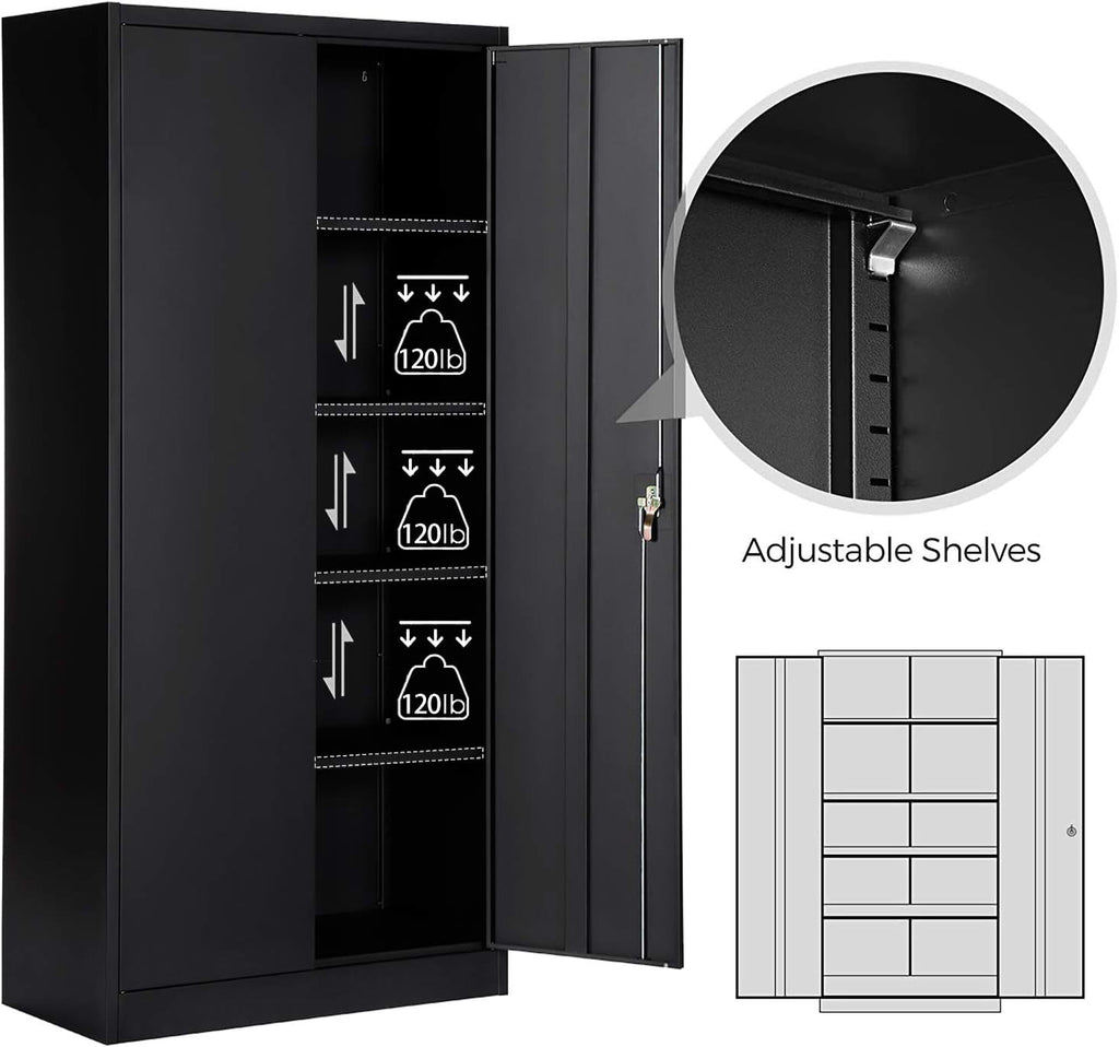 Black Metal Storage Cabinet with Locking Doors and 4 Adjustable Shelves E854