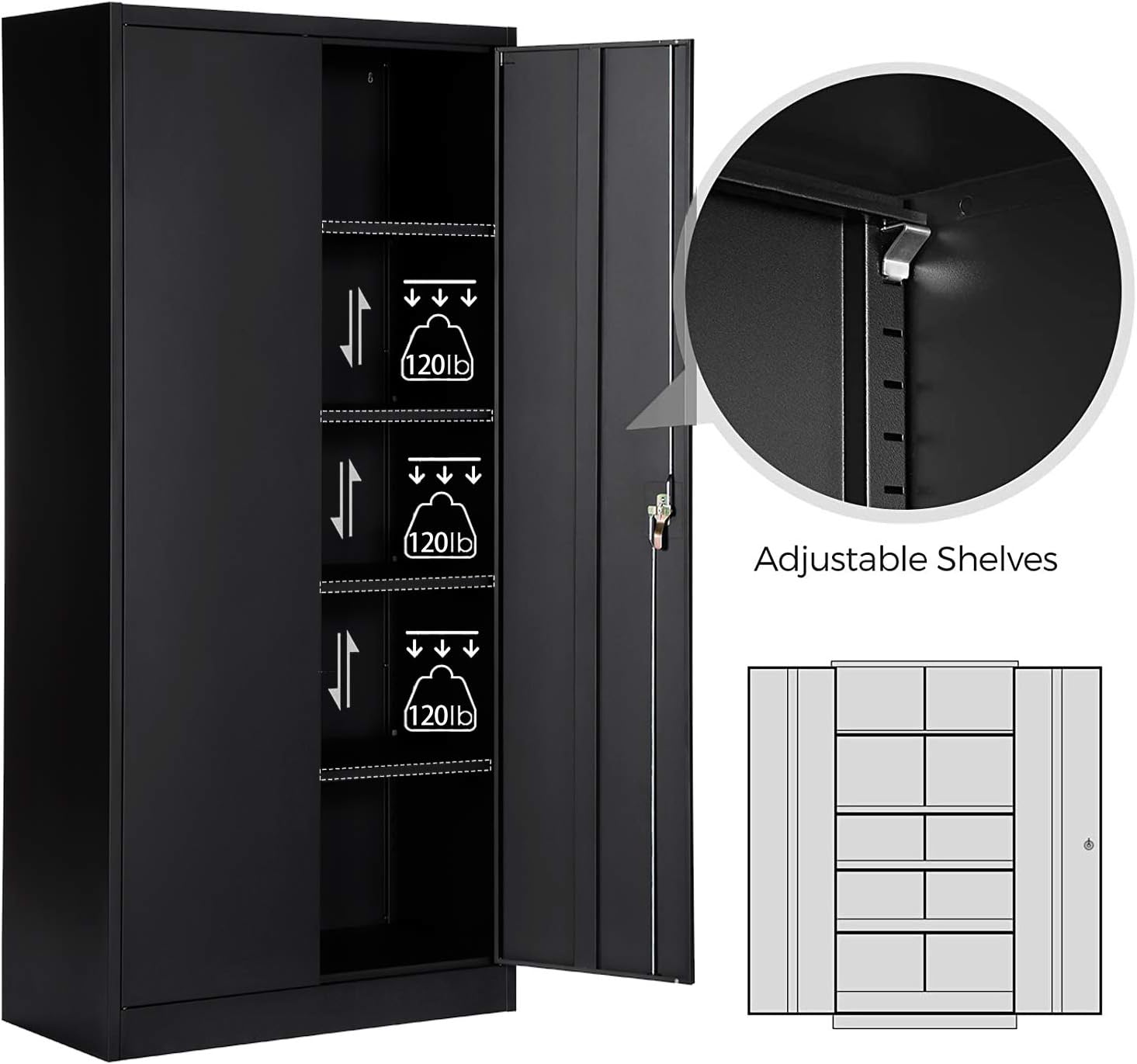 Black Metal Storage Cabinet with Locking Doors and 4 Adjustable Shelves E854