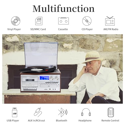 9 in 1 Record Player with Bluetooth Turntable, CD/Cassette, AM/FM Radio, USB SD/MMC, Aux-in/RCA Line Out C381088