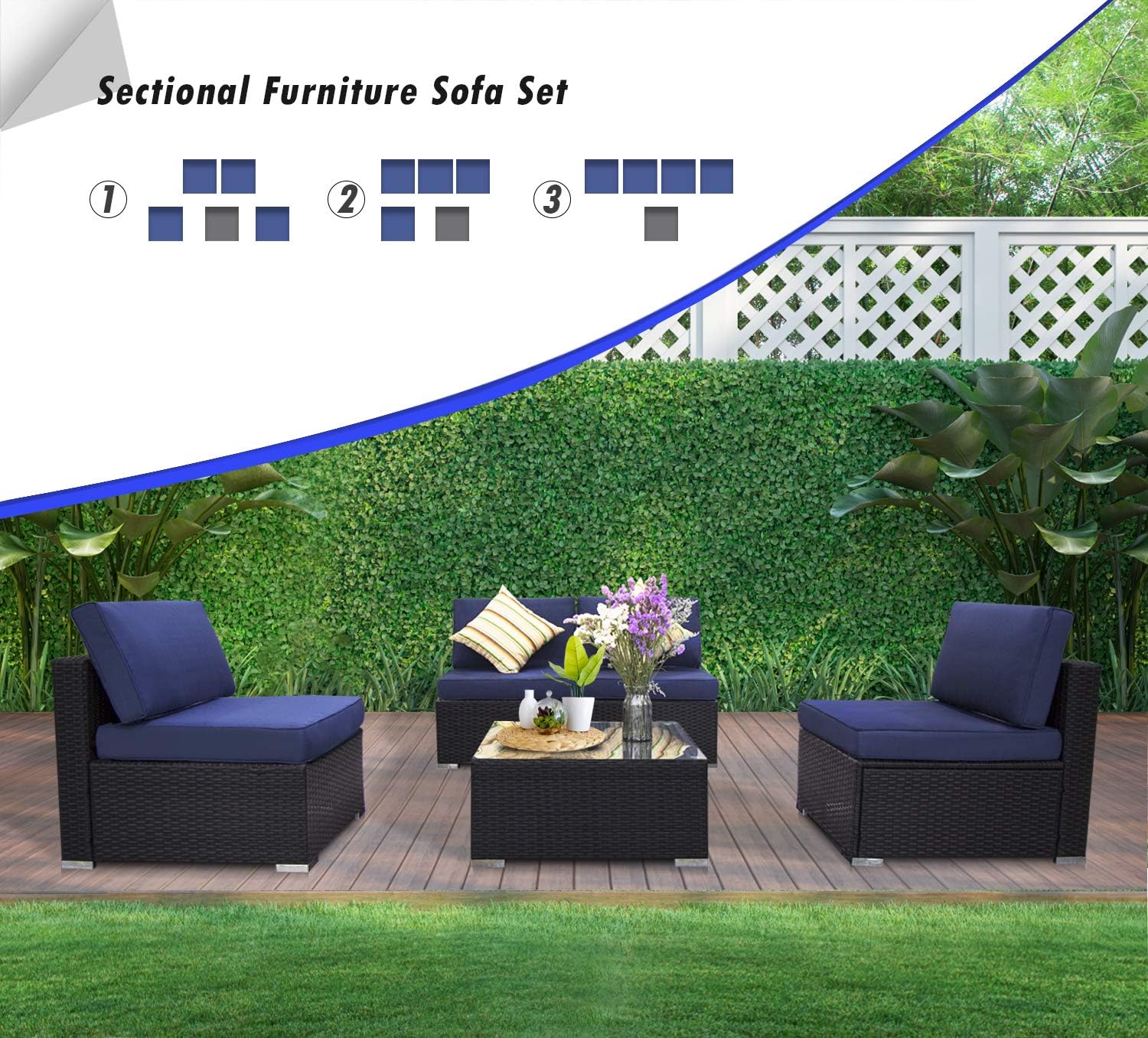 5 Piece Outdoor Rattan Sofa Set with Cushions and Tempered Glass Tea Table Y5296
