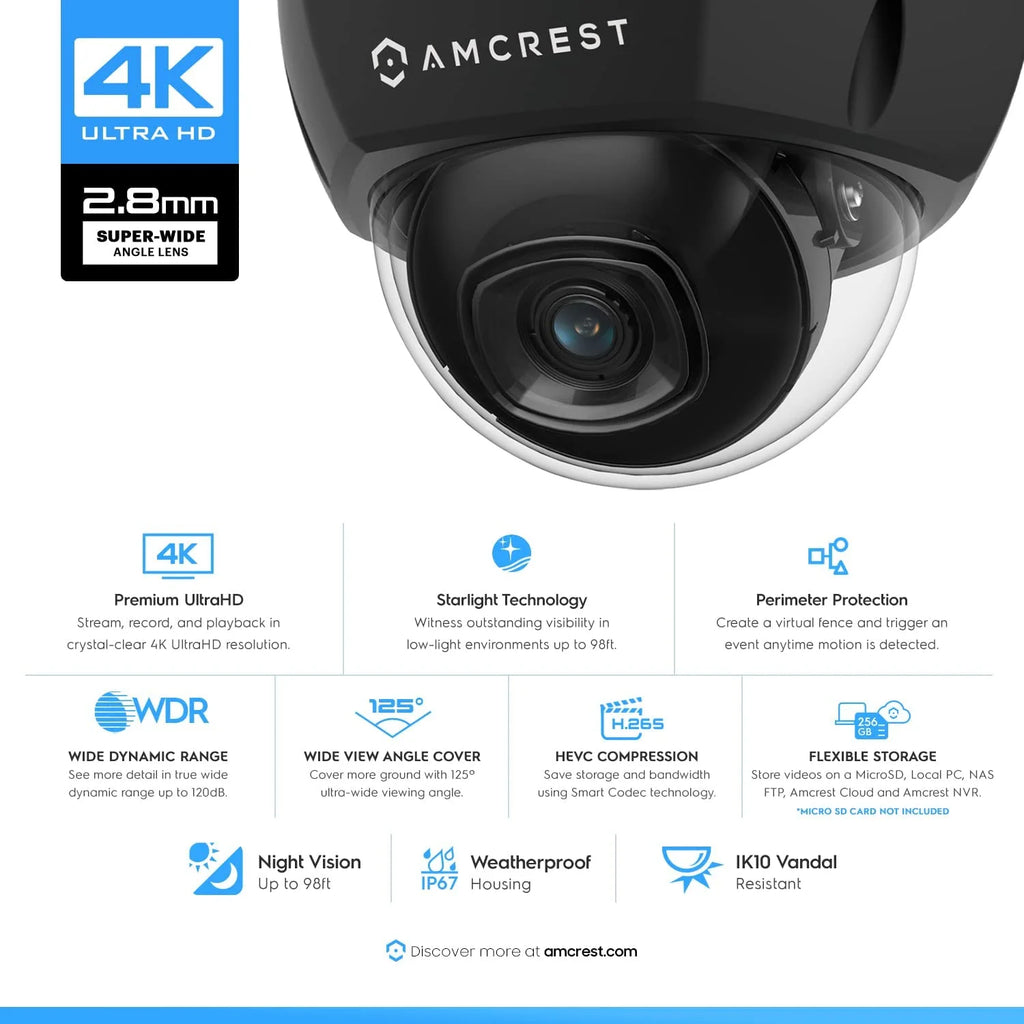 4K 8MP Outdoor Security POE IP Dome Camera with 98ft NightVision 2.8mm Lens A4913