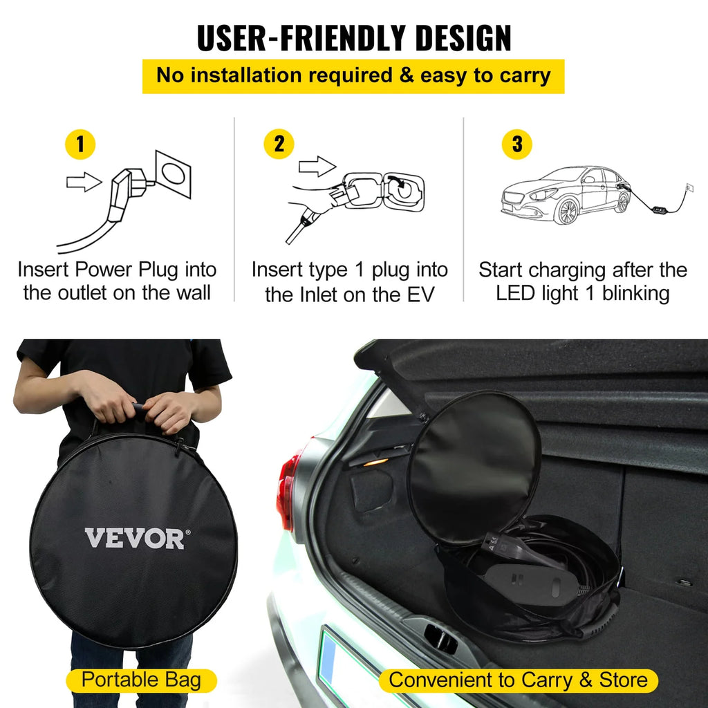 16 Amp 110V-240V Portable Electric Vehicle Charger with 25 ft Charging Cable D54084