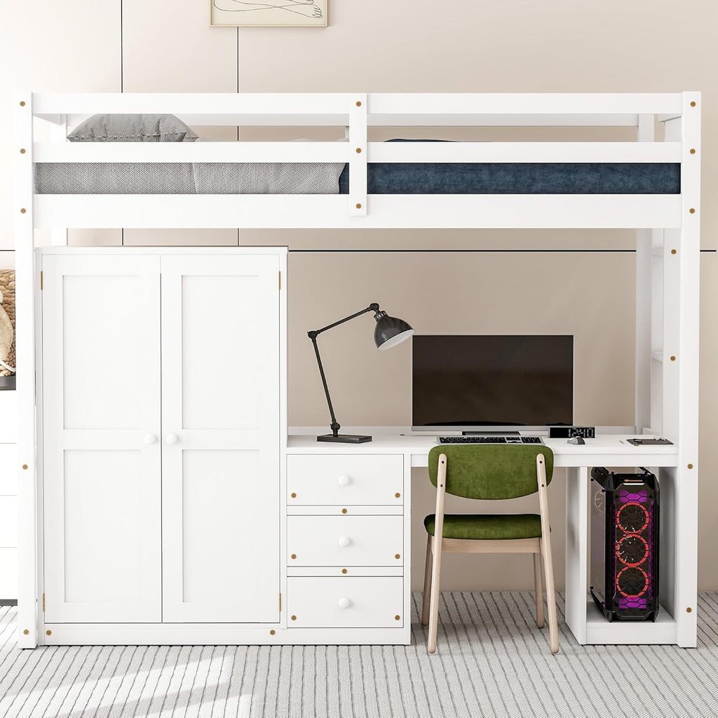 White Twin Wood Loft Bed with Wardrobe Desk and Storage Drawers F87343