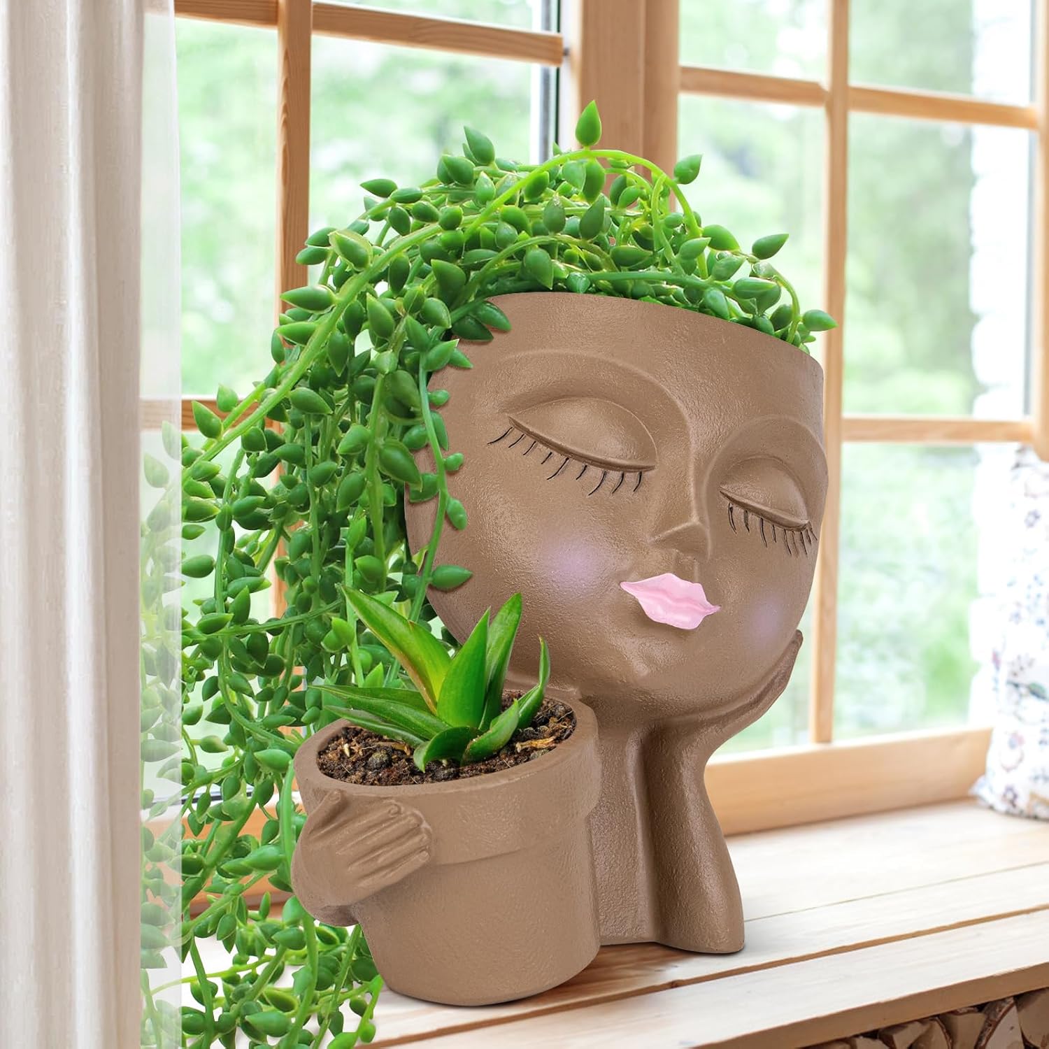 Brown Resin Face Planter Pot with Drainage Hole S799