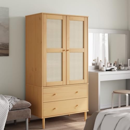 Solid Wood Pine Wardrobe with Rattan Look S776