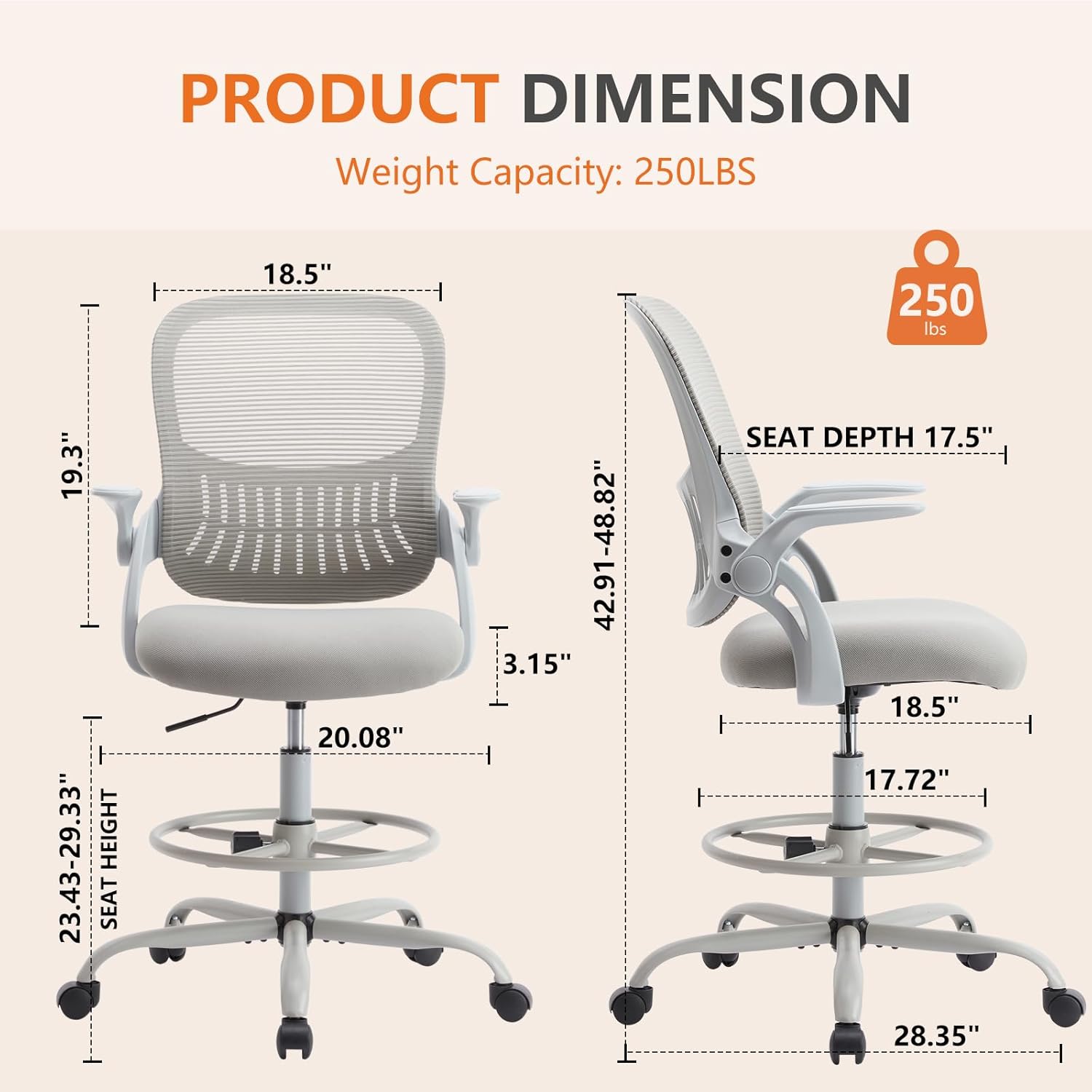 Drafting Chair with Flip-up Arms and Adjustable Foot-Ring J22014
