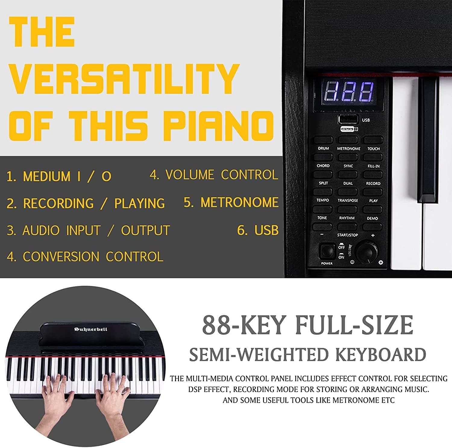 88 Key Full-Size Weighted Keys Digital Piano Keyboard with Sustain Pedal V9132