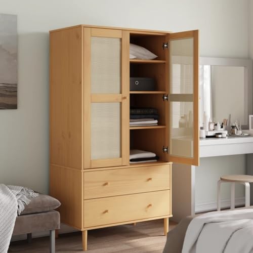 Solid Wood Pine Wardrobe with Rattan Look S776