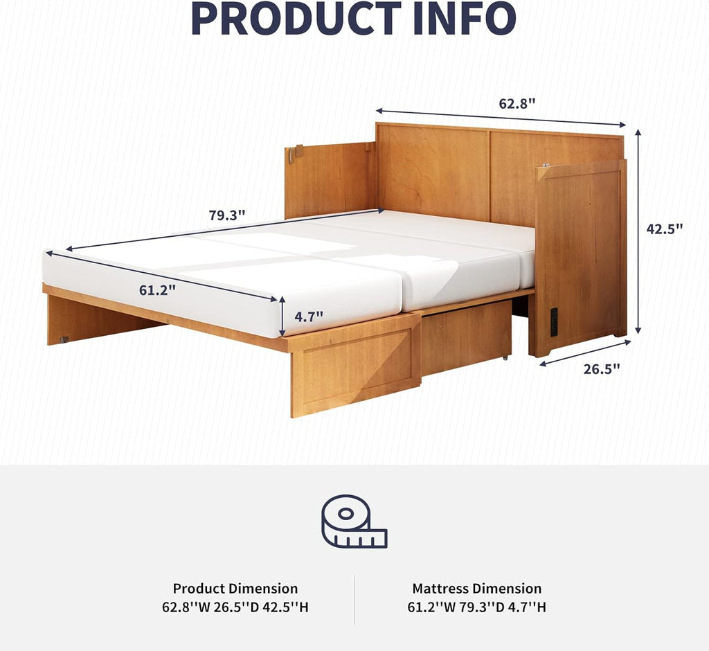 Cherry Murphy Cabinet Bed with Built-in USB Power Strip & 2 Drawers Z938173